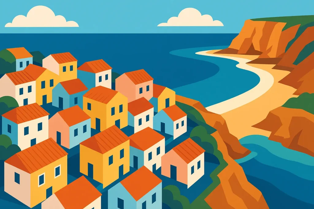 Colorful Portuguese buildings and coastal scenery