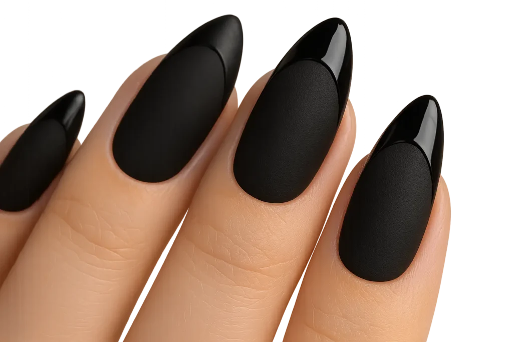 Matte black French tip almond nail design