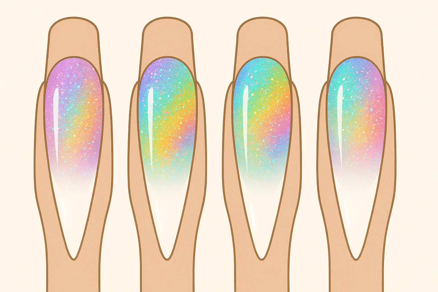 Holographic ombre wedding nails with rainbow sparkle