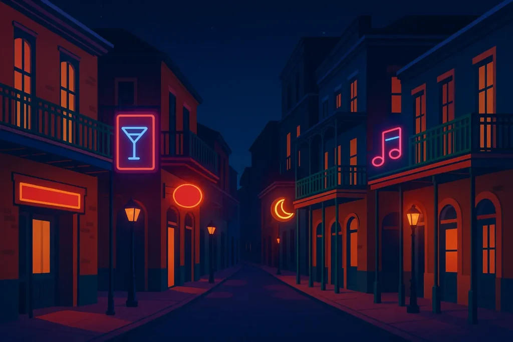 New Orleans nightlife scene with neon lights and crowds on Bourbon Street