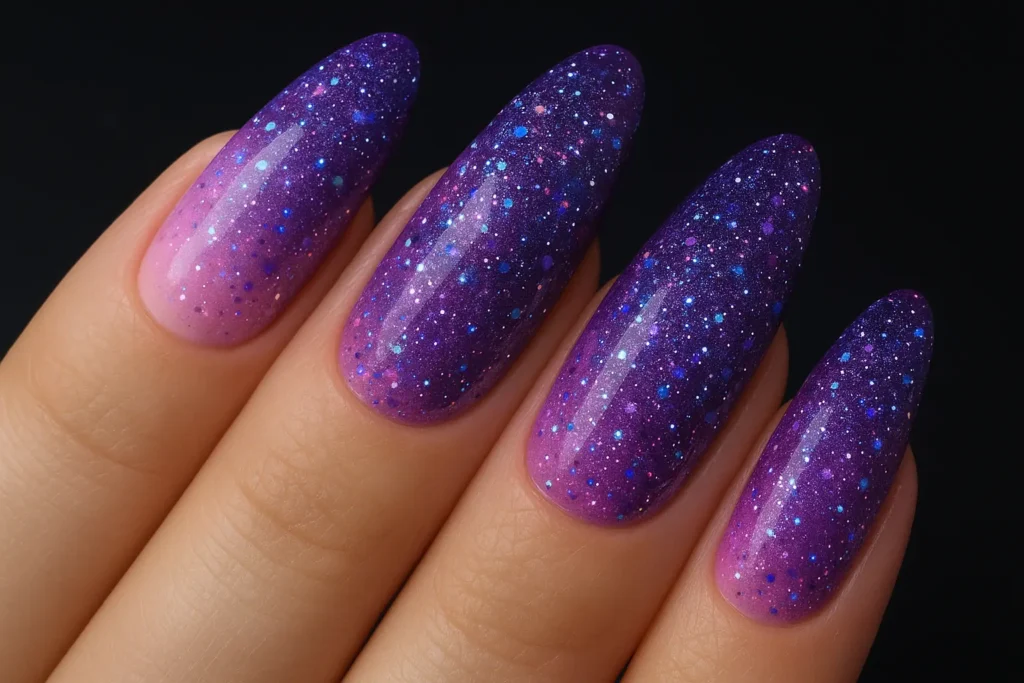 Pink ombre nails with galaxy glitter mix