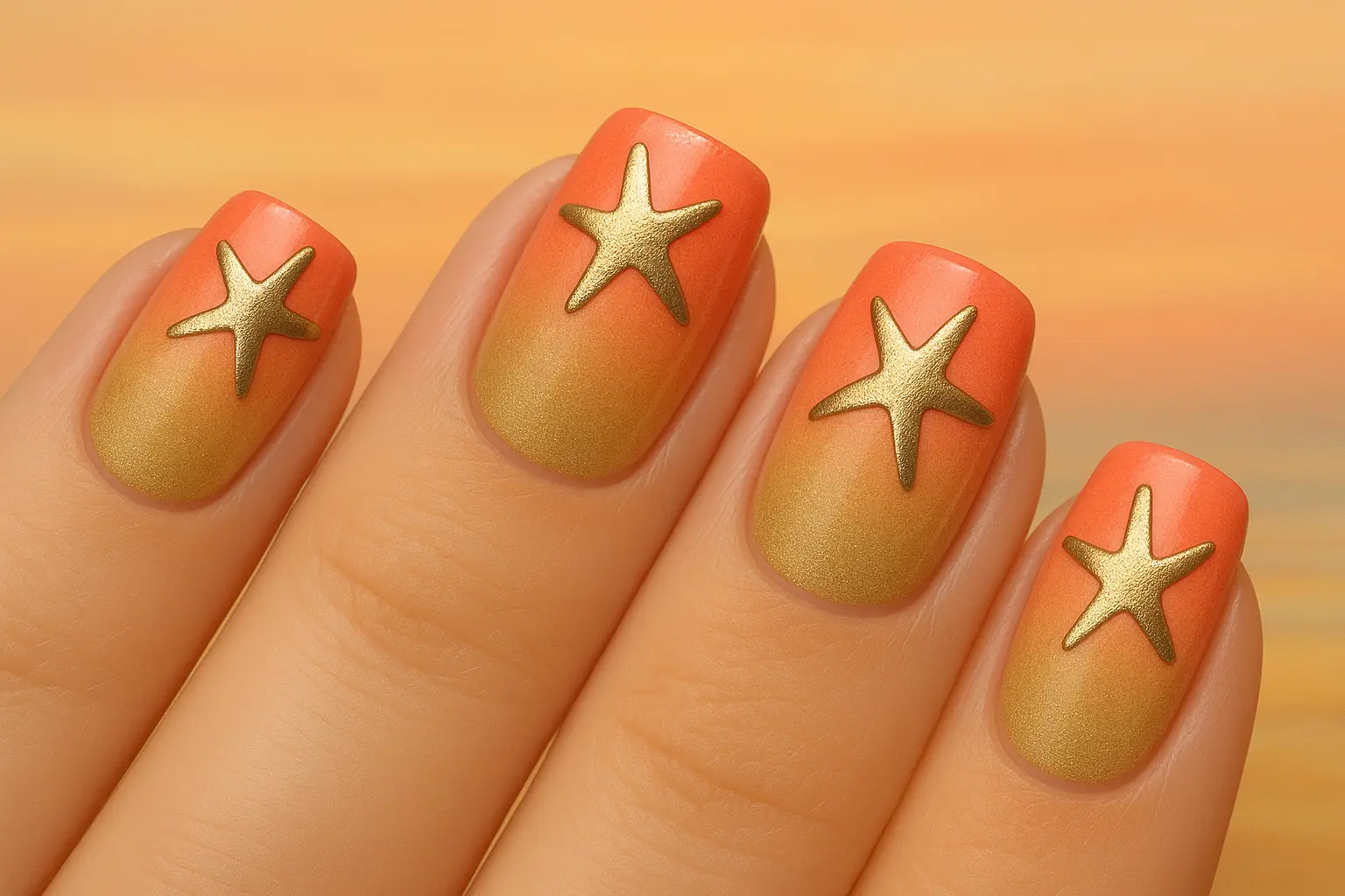 Sunset-inspired starfish nail design with coral and gold gradients