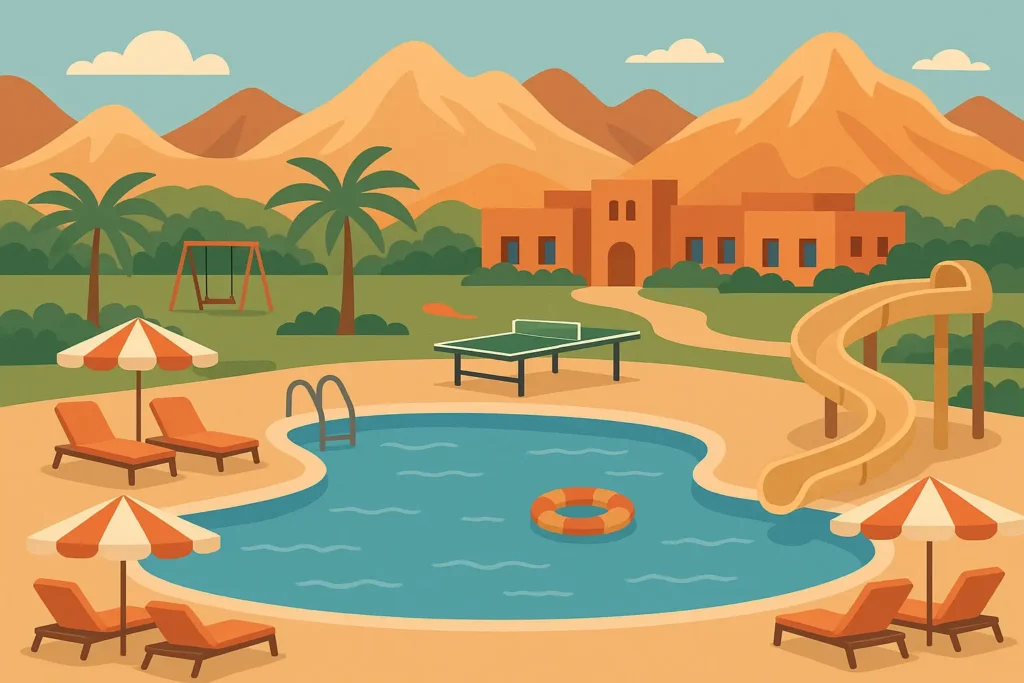 Elegant outdoor dining setup with desert mountain backdrop at sunset