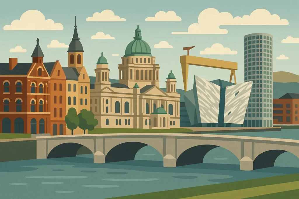 Belfast cityscape with historic architecture and modern buildings