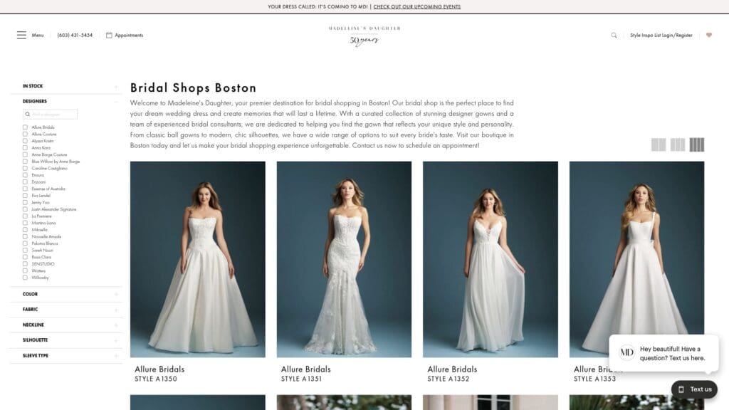 Madeleine's Daughter bridal consultant helping bride