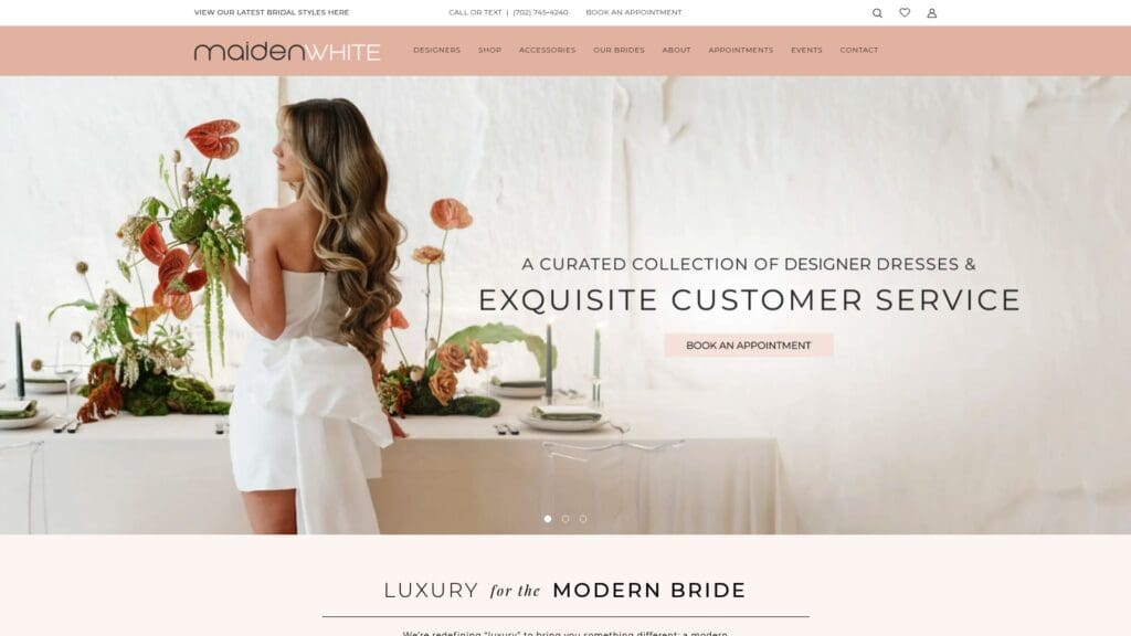 MaidenWhite bridal boutique website homepage