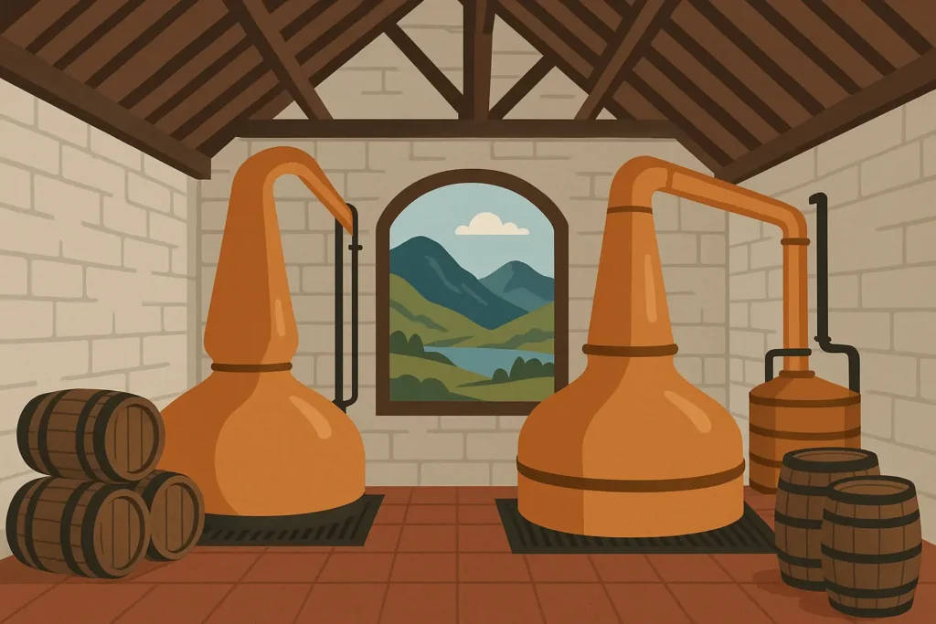 Scottish whisky distillery with copper stills and barrels