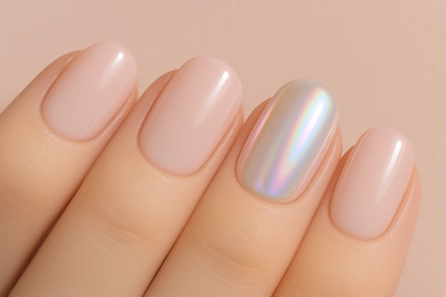 Designer milky pink nails with chrome and special effects