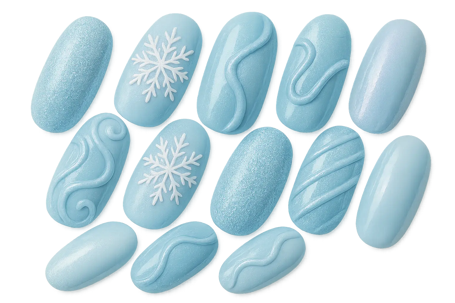 Collection of various icy blue baby blue nail designs showcased together