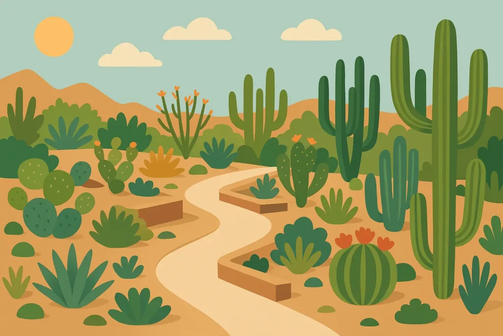 Family hiking on desert trail with children