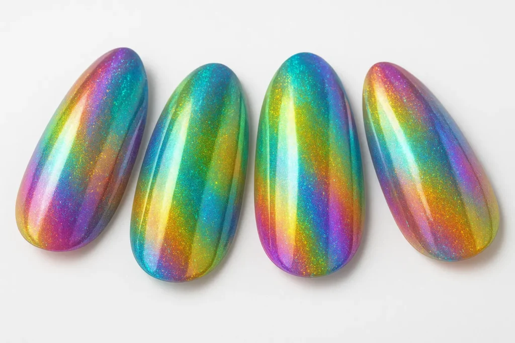 Holographic rainbow shift ombre nail design