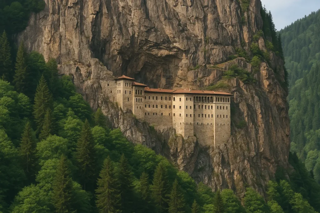 Black Sea coast dramatic cliffs and monastery