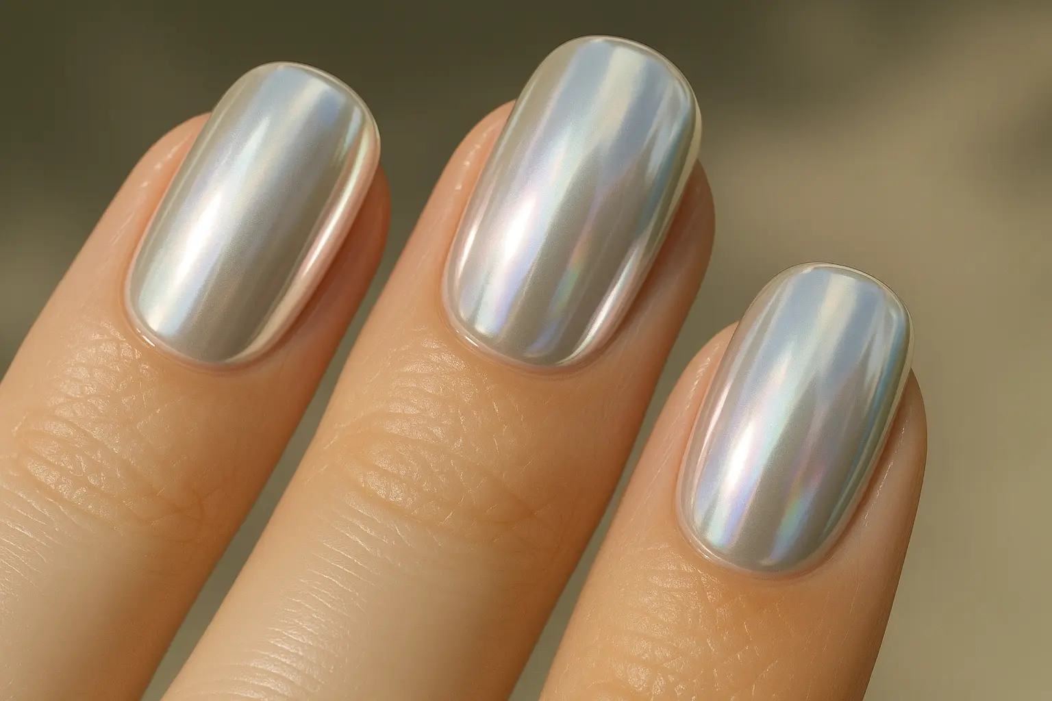 Pearl chrome nails with iridescent finish