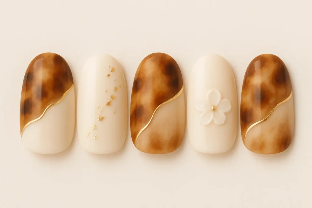 Elegant bridal tortoise shell nail designs in soft neutral tones