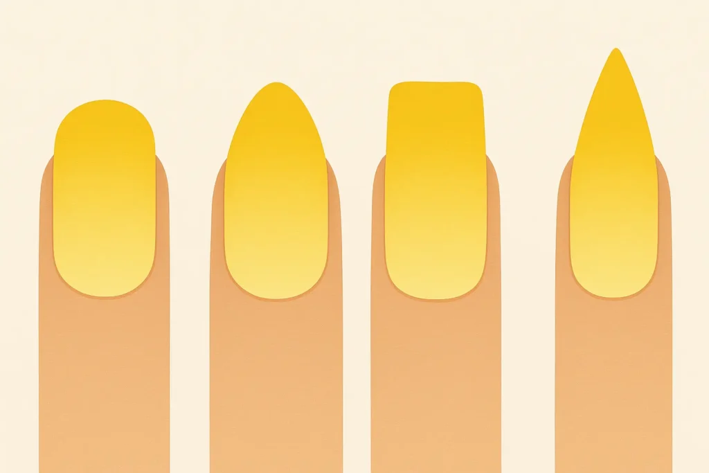 Different nail shapes showcasing yellow ombre effects