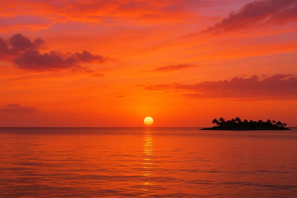 Spectacular Key West sunset with vibrant orange and pink sky over water