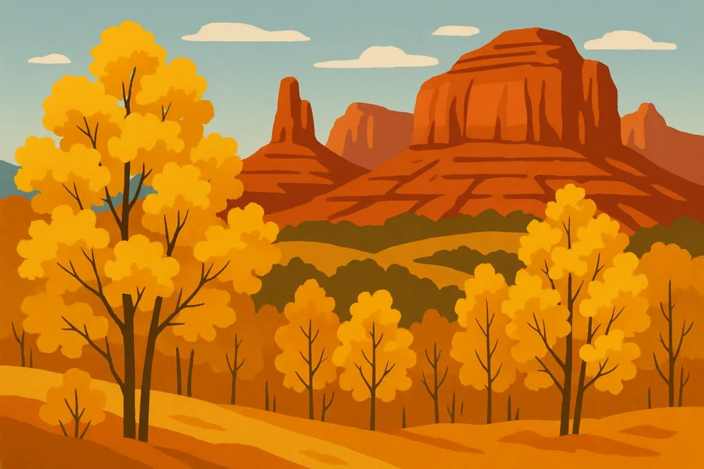 Golden fall foliage contrasting with red rocks in Colorado Springs