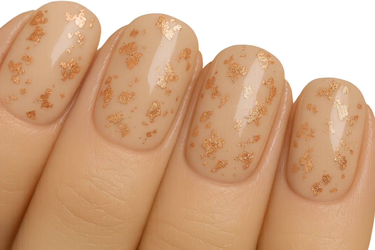 Nude base with rose gold foil nail design