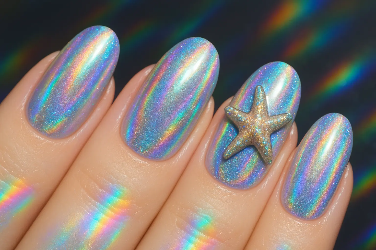 Holographic starfish nail design with iridescent color-shifting effects