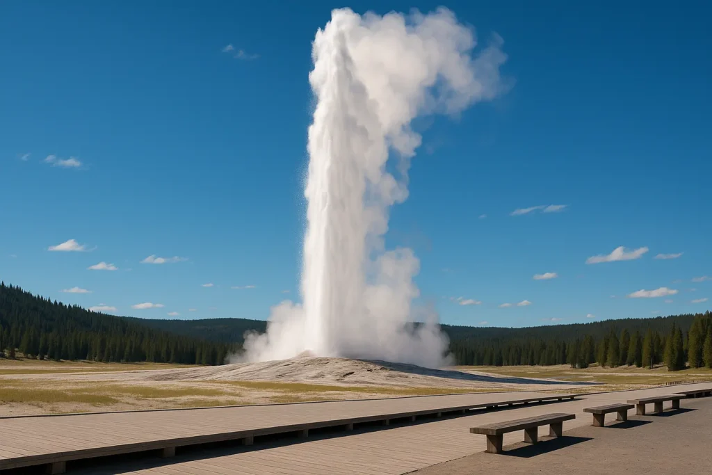 Old Faithful geyser eruption with visitors watching