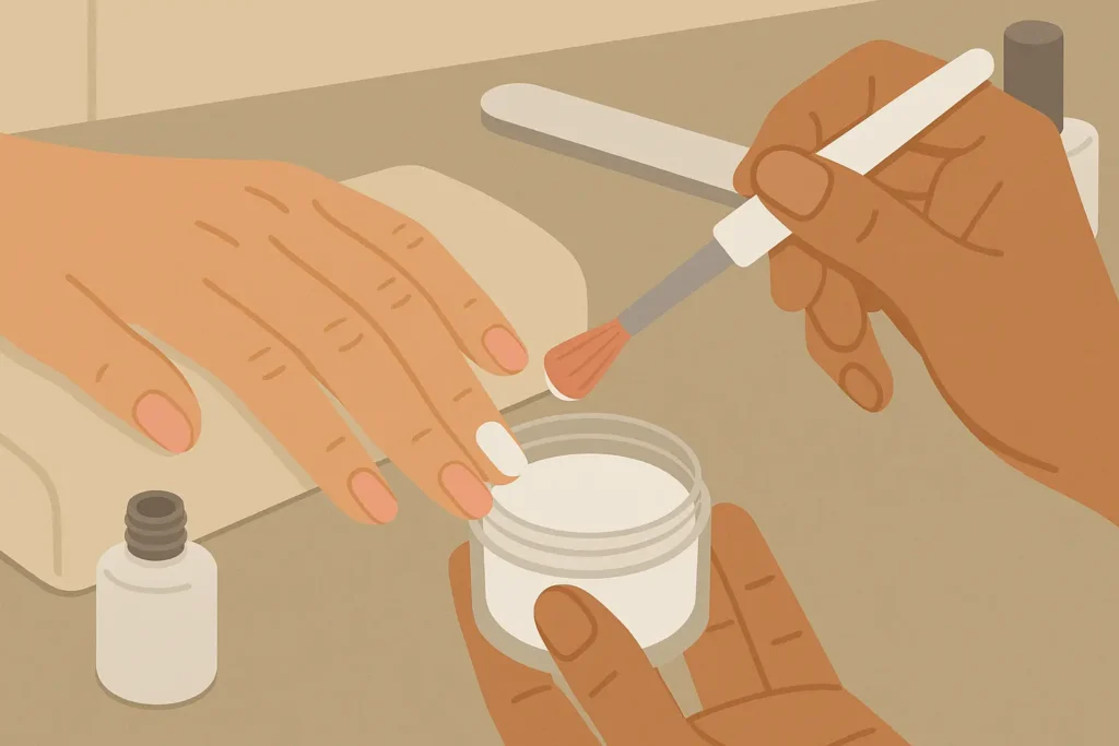 Salon professional applying dip powder manicure