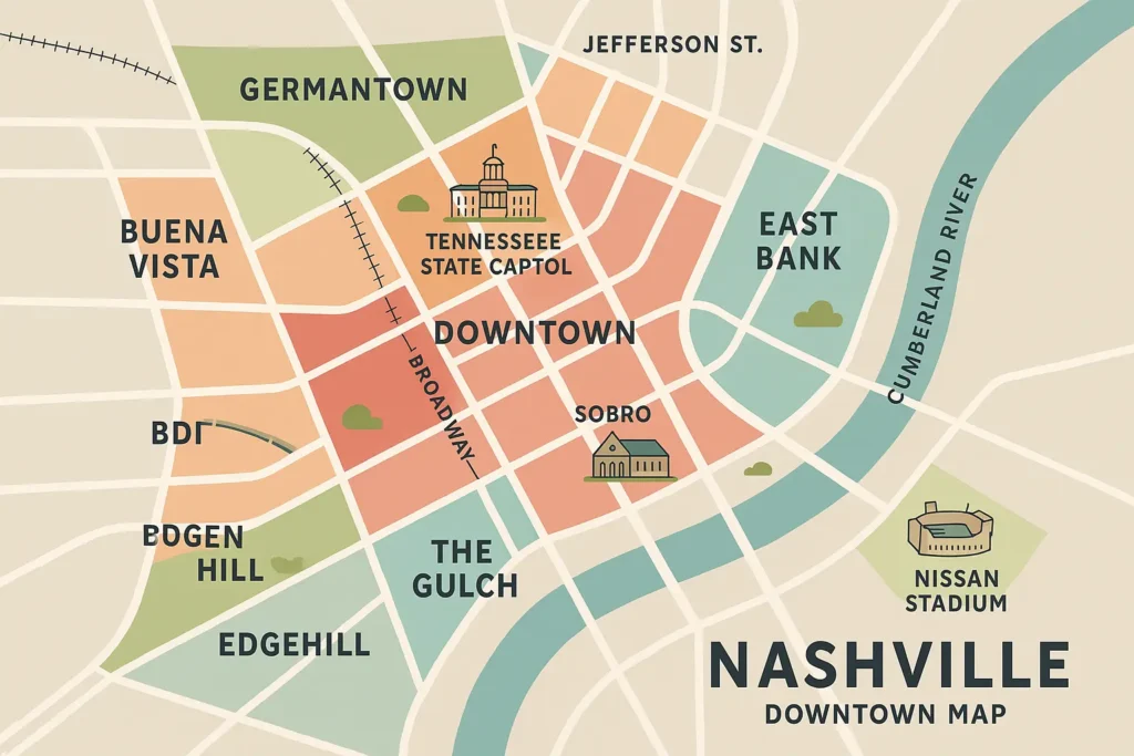Nashville music venues and attractions planning map