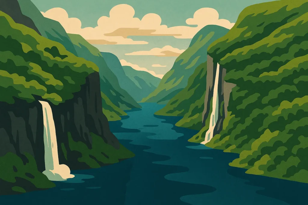 Norwegian fjord with dramatic waterfalls and mountains