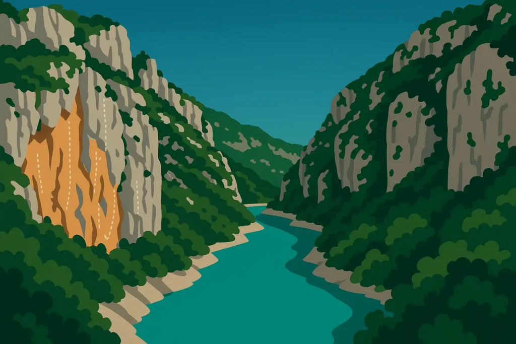 Rock climbing in Verdon Gorge limestone cliffs