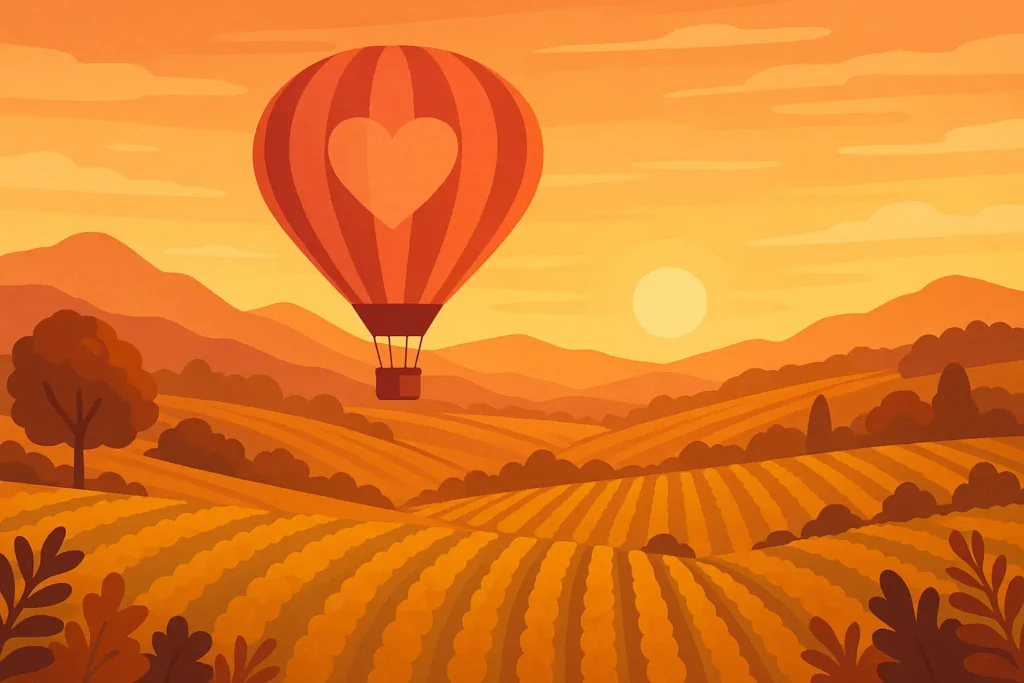 Romantic hot air balloon ride over Napa Valley at sunset