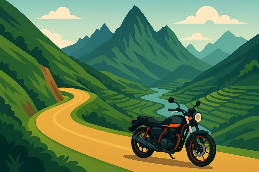 Motorcycle rider on scenic Vietnam mountain road with dramatic landscapes