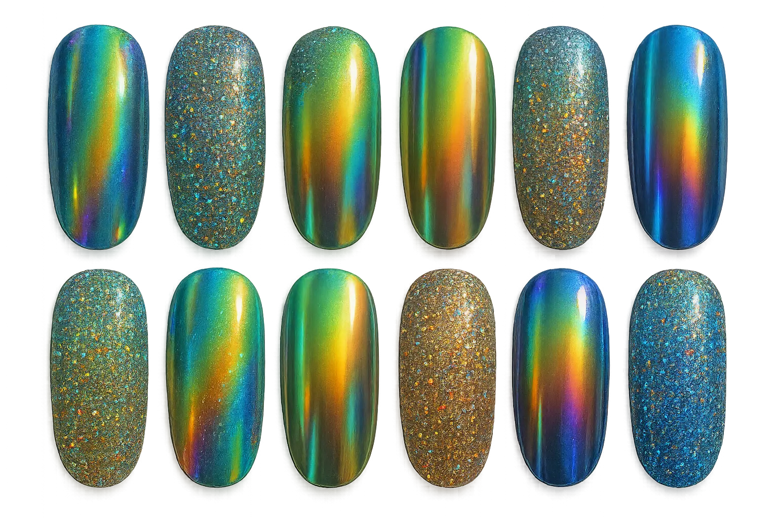 Holographic and glitter nail art decal designs with rainbow effects