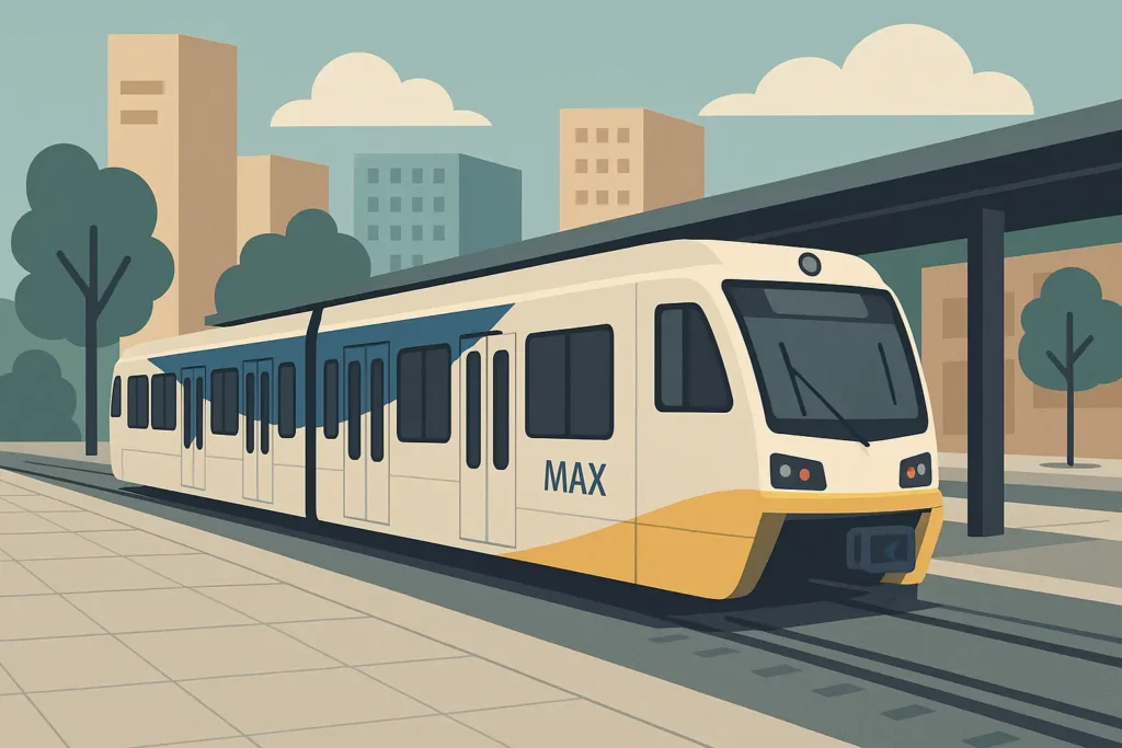 Portland MAX light rail system with city background