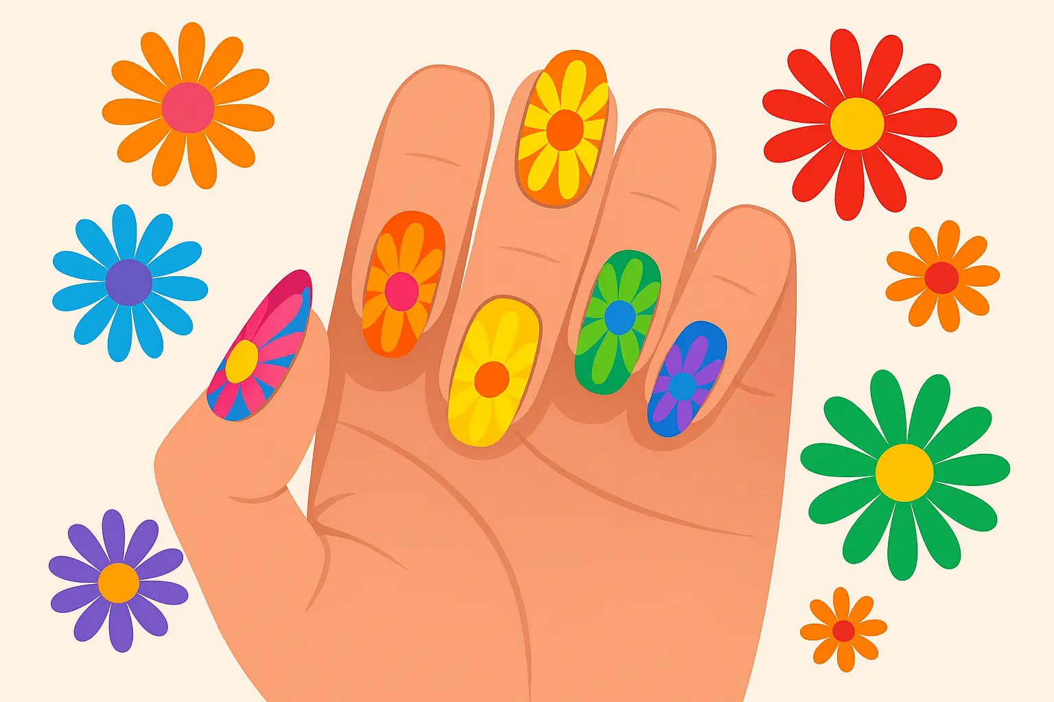 colorful vibrant daisy nail art