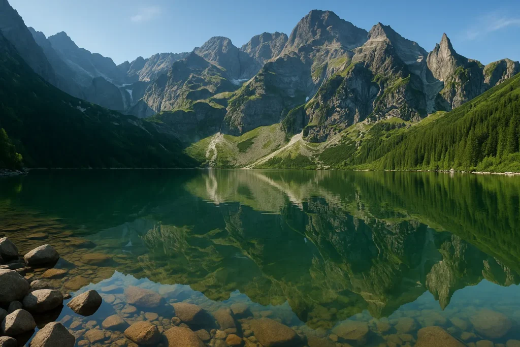 Tatra Mountains hiking trail with alpine lake views