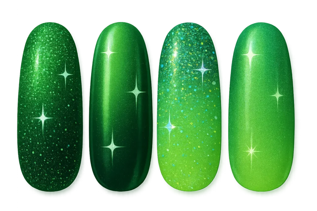 Glitter and shimmer green ombre nail variations