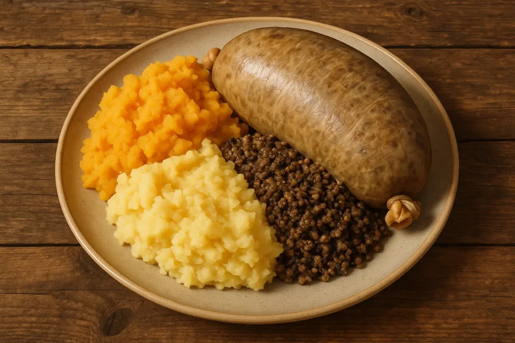Traditional Scottish haggis neeps and tatties pub meal