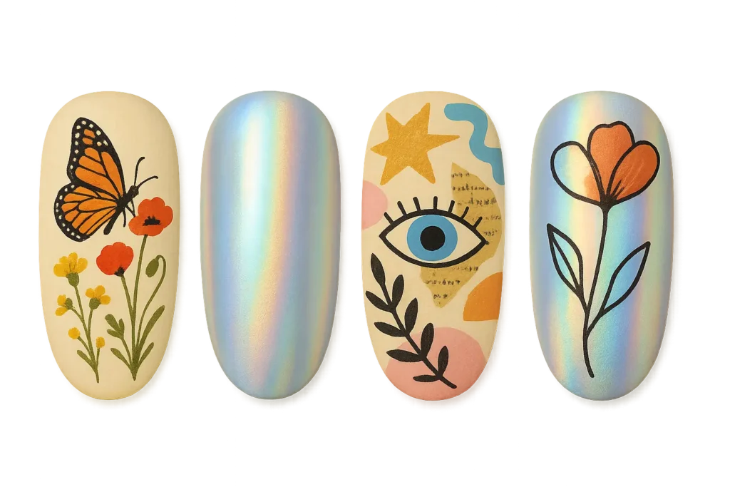 Artistic statement accent nail designs featuring bold colors and creative elements
