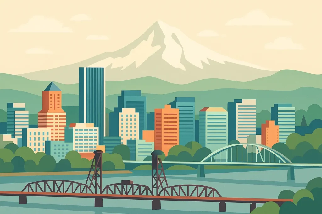 Portland city skyline with bridges and mountains