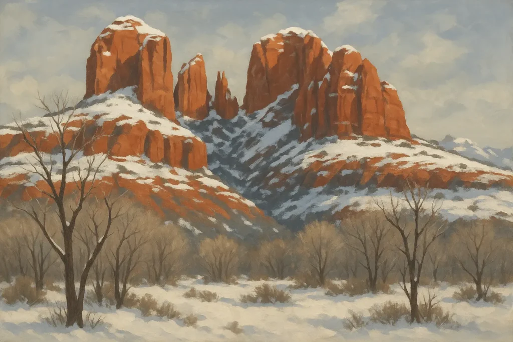 Snow-covered red rocks creating winter contrast