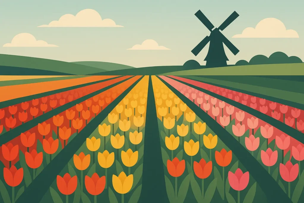 Vibrant tulip fields with traditional Dutch windmill