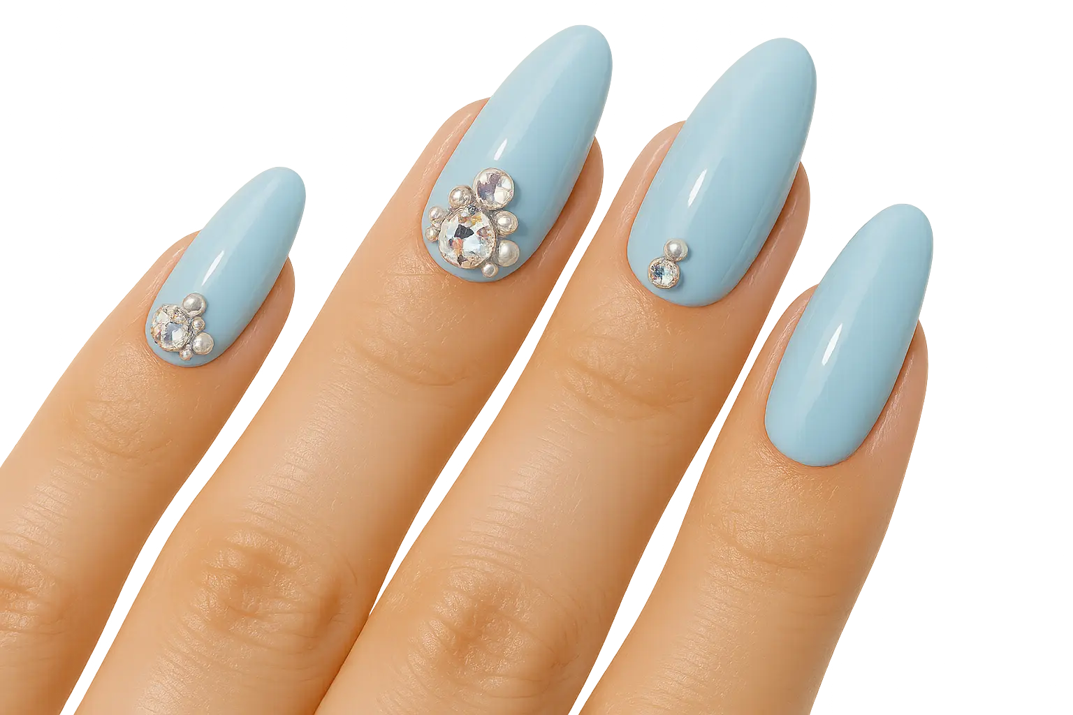 Baby blue nails with crystal accents and rhinestones