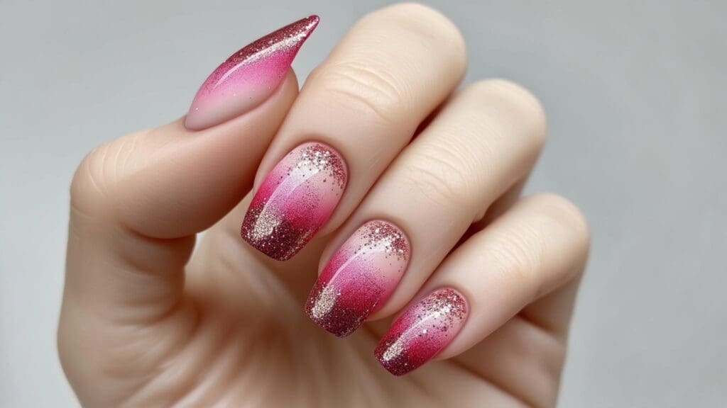 pink ombre nails with glitter