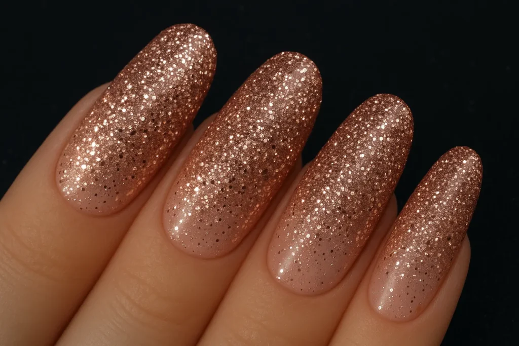 Rose gold glitter ombre nail design