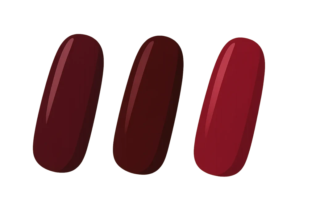 Dark red nail polish collection showing various deep shades