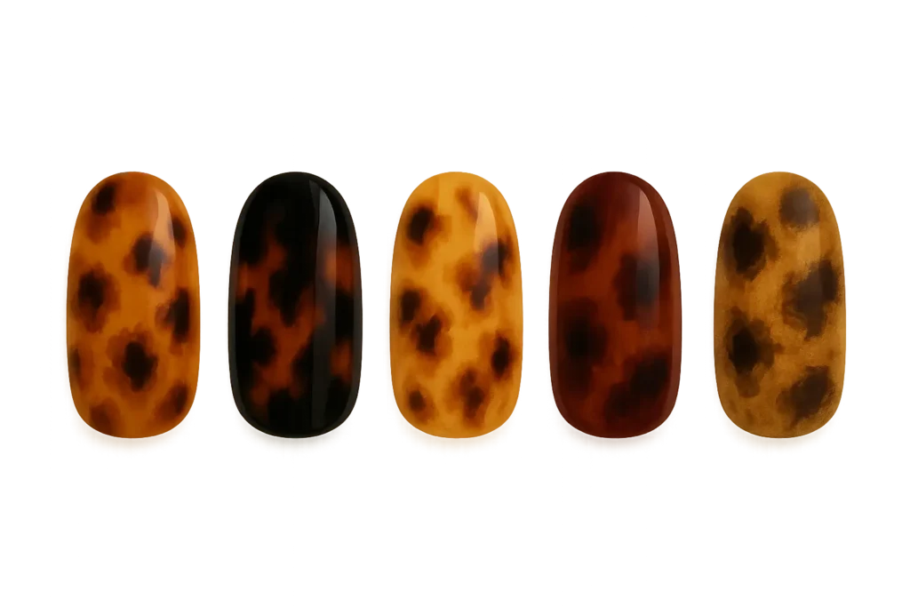 Traditional tortoise shell nail designs in amber and brown tones