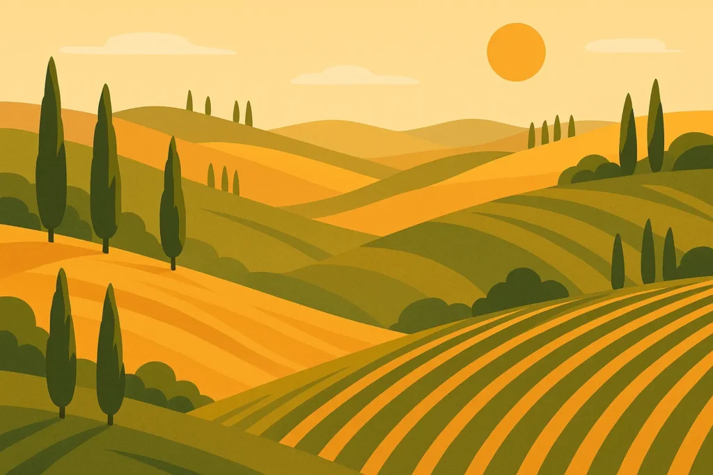 Tuscany countryside with rolling hills and cypress trees