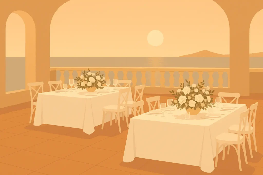 Cyprus beach wedding setup with Mediterranean backdrop