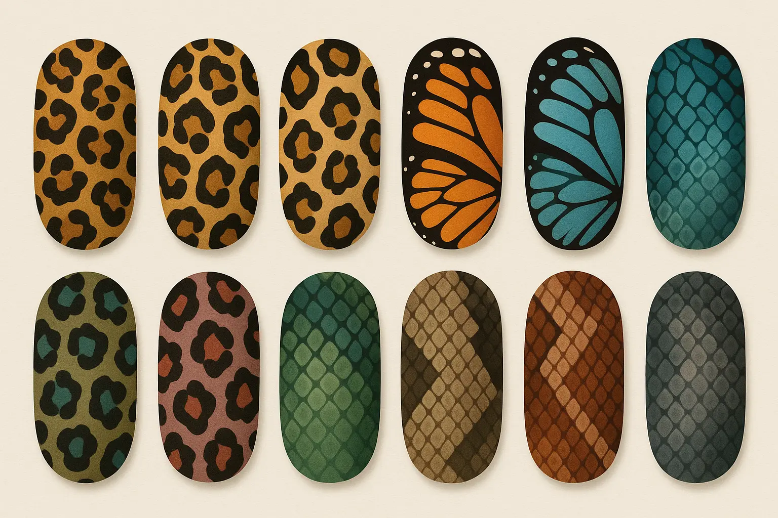 Animal print and nature-inspired nail stickers including leopard and butterfly designs