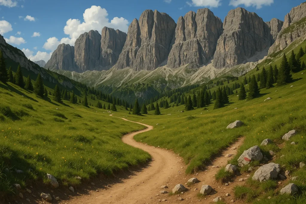 Mountain hut overlooking dramatic Dolomites peaks and valleys