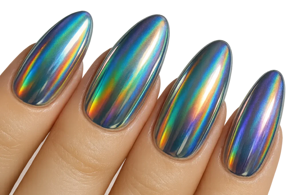 Holographic chrome almond nails with rainbow effects